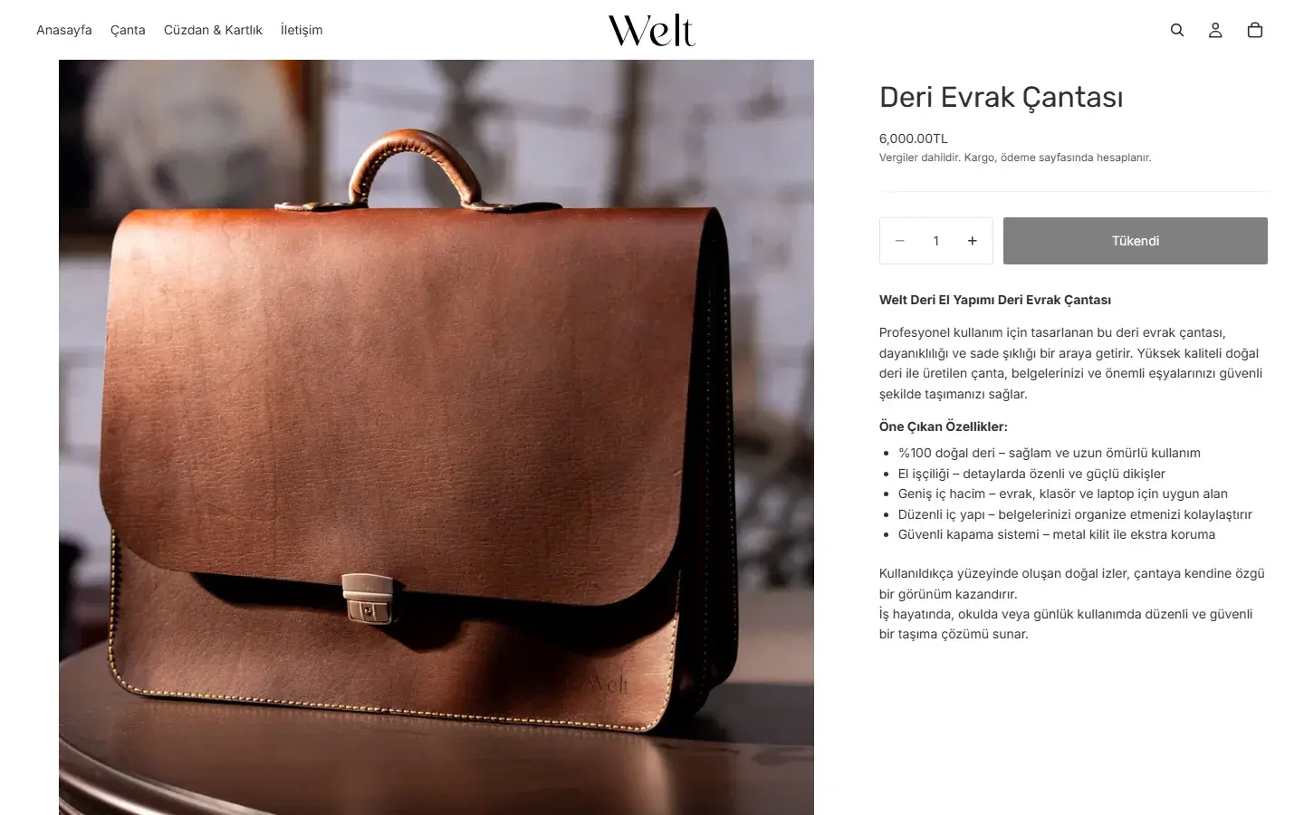 Welt Deri ürün sayfası ekran görüntüsü